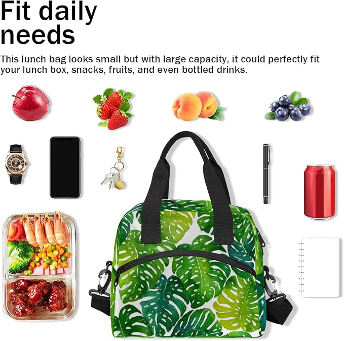 Green Palm Leaves Insulated Lunch Bag for Women Men Reusable Lunch Box Cooler Bag Large Leakproof Lunch Tote with Adjustable Shoulder Strap for Adult Work Picnic Camping Beach Office