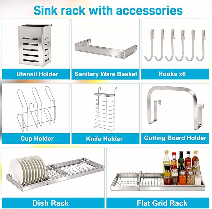Over The Sink Dish Drying Rack,Large Capacity 23.8"-39.3",Over The Sink Dish Srying Rack Expandable Drainer & Storage Organizer for Kitchen Counter Full Stainless Steel