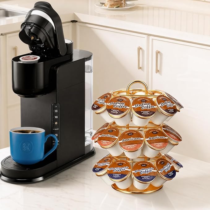 K Cup Holder, Carousel Coffee Pod Holder Compatible with 27 K Cup, Spins 360-Degrees, 3 Tier K Cup Organizer for Kitchen Counter — Home or Office Storage, Anti-Slip Base, No Assembly, Gold