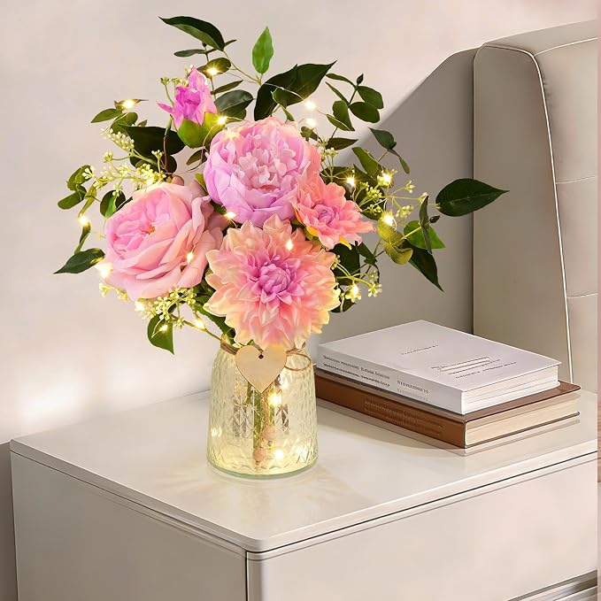 Livole Fake Flowers with Vase, Pink Real Touch Silk Artificial Flowers in Vase, Fake Plant Eucalyptus Flower Arrangement for Table Centerpieces, Table Decorations for Living Room, Coffee Table, Home