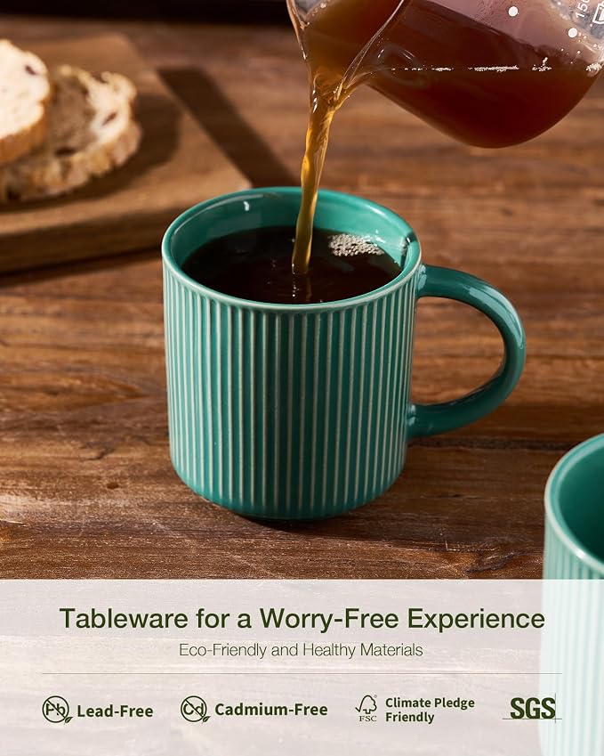 famiware Coffee Mug Set for 4, Star 12 oz Catering Mugs Cup Set with Handle for Coffee, Tea, Cocoa, Milk- Ceramic Stoneware Drinkware Set, Sage Green