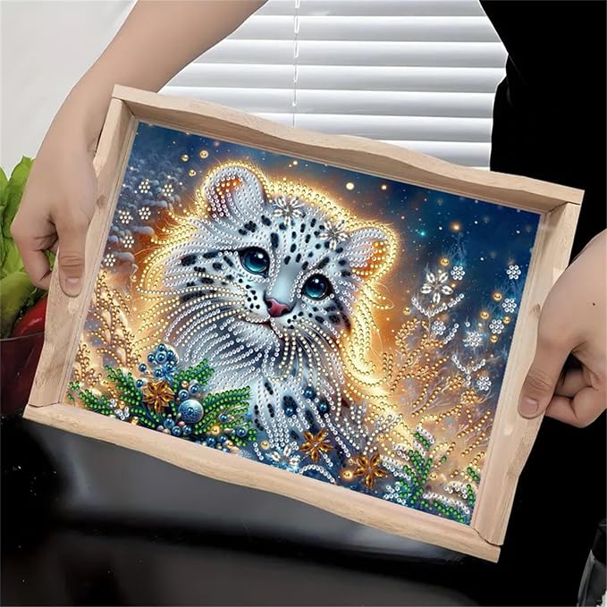 DIY Diamond Serving Tray with Handle Handmade Diamond Art Painting Wooden Rectangular Breakfast Tray for Dinner Plate Coffee Room Living Home Organizer-Tiger