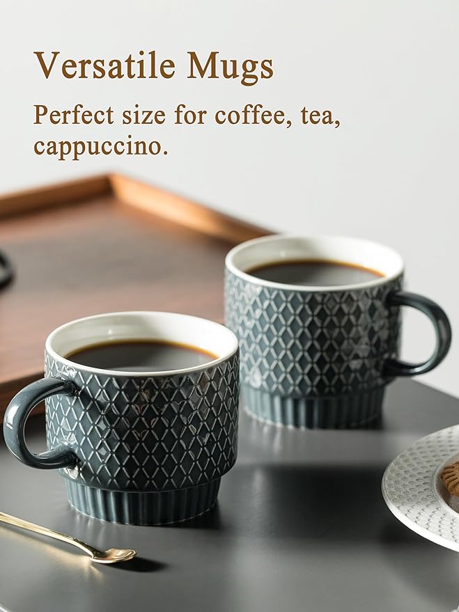 Gomakren Coffee Mugs Set of 4, 13 Ounce Stackable Coffee Mug Set with Stand, Stoneware Coffee Cup with Spoon for Coffee, Milk, Tea, Cocoa, Grey