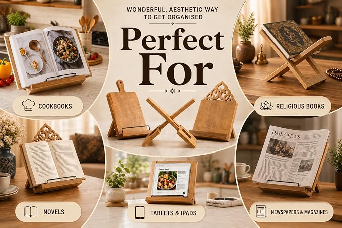 Decorative Wooden Cookbook Display Stand Recipe Book Holder For Kitchen Countertop & iPad Tablet - Handmade Country Rustic Farmhouse Style Decor For Hands Free Reading, Foldable, Brown, Gift For Chefs
