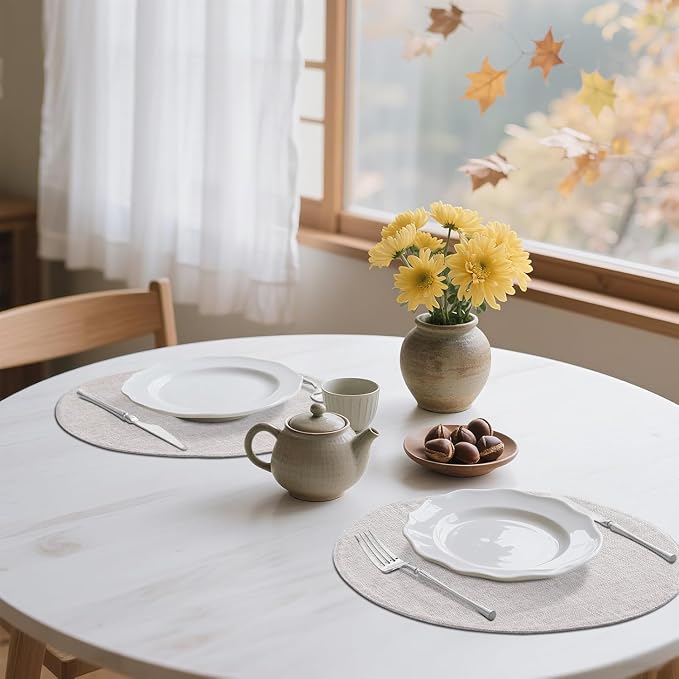 homing 15 Inch Round Cloth Placemats Set of 8, Cotton Linen Blend Washable Table Mats, Farmhouse Dining Place Mats for Indoors & Outdoors, Easy to Clean, Beige
