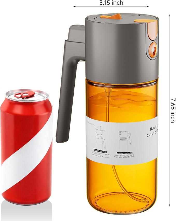 OURCABECUE Upgrade 2 in 1 Oil Sprayer for Cooking, 17oz Light-Blocking Glass Olive Oil Dispenser Bottle for Kitchen,Food-Grade Oil Mister with 8 Stickers for Salad, Frying (Grey)