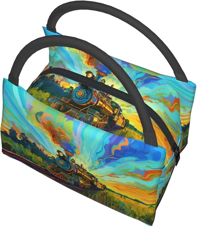 Vintage Steam Train Lunch Box for Women Adults Insulated Colorful Artistic Railway Through Field Lunch Bag for Work Picnic Camping Travel Gifts Large Capacity Cooler Thermal Reusable Tote Makeup Bags