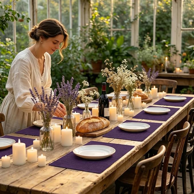 homing Faux Cotton Linen Placemats Set of 6, Cloth Washable Farmhouse Dining Table Mats for Indoors & Outdoors, Easy to Clean, Purple, 13 x 19 Inch