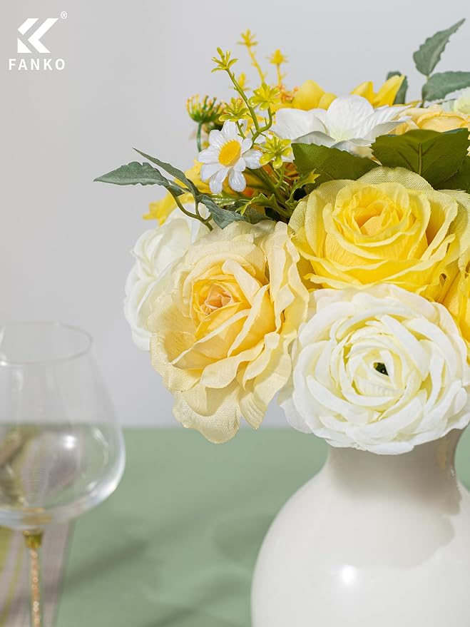 FANKO Artificial Flowers for DIY, Yellow Faux Flowers Bouquet, Fake Rose Dahlia Daisy Cosmos Silk Flowers for Vase, Home Decor, Garlands, Garden Wedding, Party, Birthdays