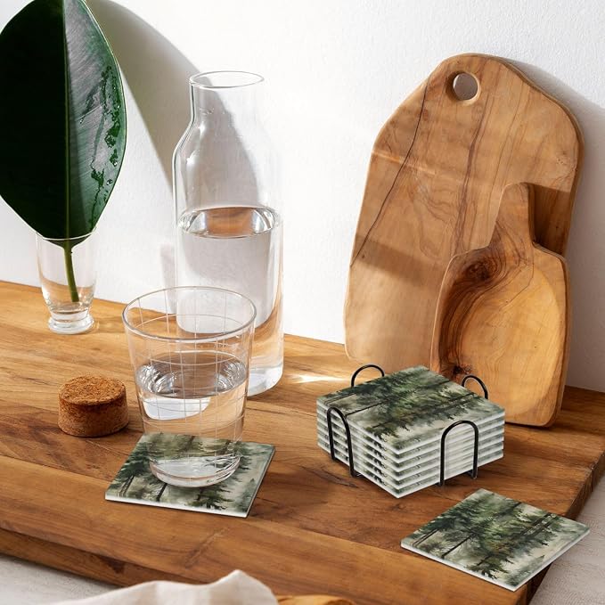 Misty Pine Tree Square Ceramic Coasters Set of 6 Pack, Mountain Green Forest Landscape Foggy Botany Stone Drink Coaster with Cup Holder Anti-Scratc Cork Backing Bar Kitchen Home Housewarming Gift