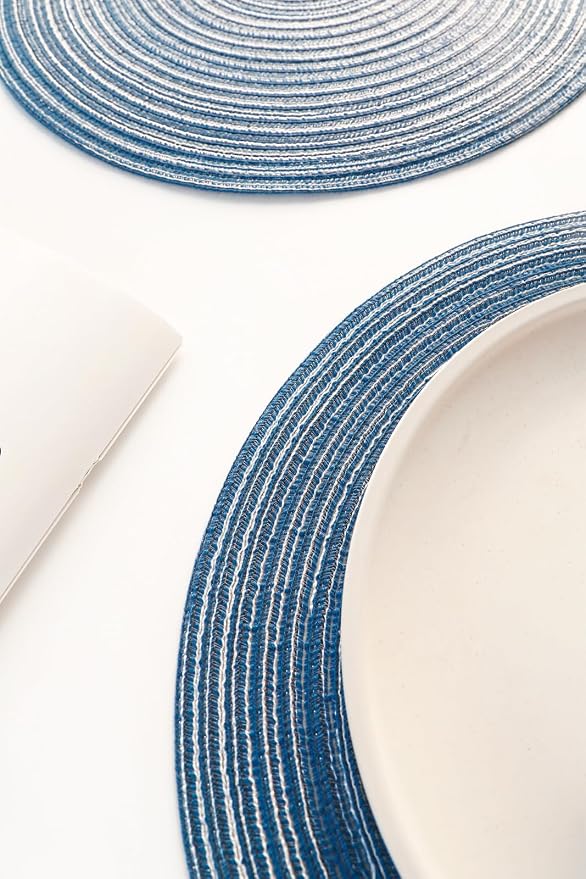 Floroom 15 Inch Round Braided Placemats Set of 4, Washable Heat Resistant Cotton Polyester Circle Place Mats for Kitchen Dining Table - Seascape Blue