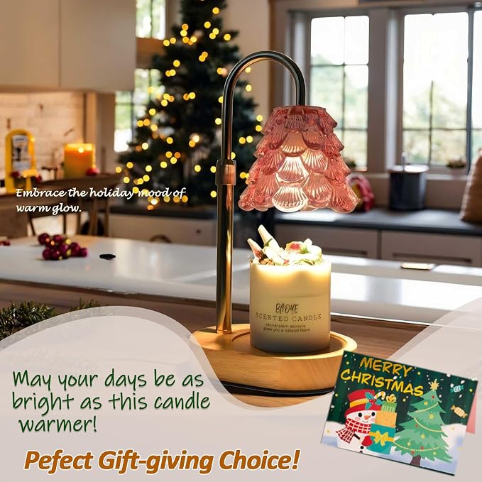 Chritsmas Tree Lampshape Candle Warmer Lamp with Adjustable Height, Aroma Candle Warmer with Timer and Dimmer, Wooden Base Glass Wax Warming Lamp, Women's Gifts(Tree Pink)