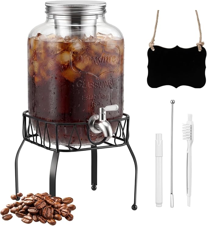 1 Gallon Cold Brew Coffee Maker with Stand, Heavy Duty Glass Iced Coffee Maker & Beverage Dispenser, Thick Iced Tea Pitcher for Fridge with 304 Stainless Steel Filter, Spigot & Lid