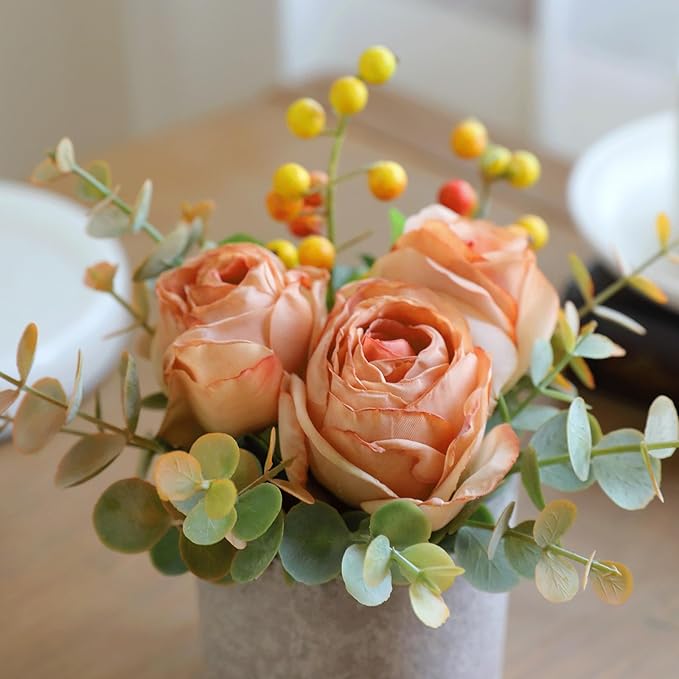 Small Artificial Burnt Orange Rose Potted Plant, 6" Fake Silk Flowers in 3" Cylindrical Pot, Mini Faux Floral Arrangement for Desk Shelf Bathroom Decor