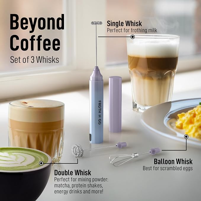 Zulay Froth N Go Milk Frother – Rechargeable 3-in-1 Handheld Frother Wand with Travel Case & USB-C Charger – Single, Double & Egg Whisk for Latte, Cappuccino, Matcha, Protein Shakes - Dove Cloud