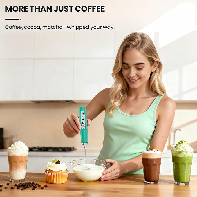 Colarlemo Milk Frother Handheld Rechargeable, Frother Wand Drink Mixer Electric Whisk for Coffee, Detachable With 3 Stainless Whisks, Hand Mixer for Lattes, Cappuccino, Matcha, Egg, No Stand, Green