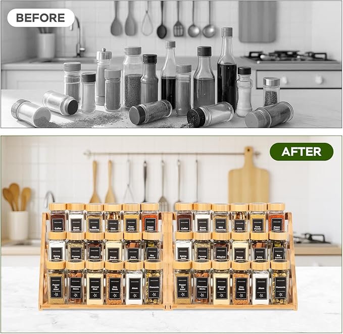 Spice Rack - Tiered Spice Rack Organization for Cabinet - 3 Tier Bamboo Display Spice Shelf for Countertop,Holds 24 Spice Jars