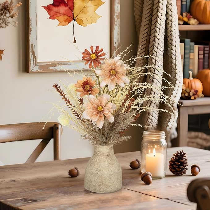 Hollyone Faux Fall Pampas Grass with Vase, Fall Flowers Artificial for Decoration Arrangement Bouquet Plant in Ceramic Vase Fluffy Boho Home Decor Fake Pompass Pompous Grass Floral Autumn Decorations