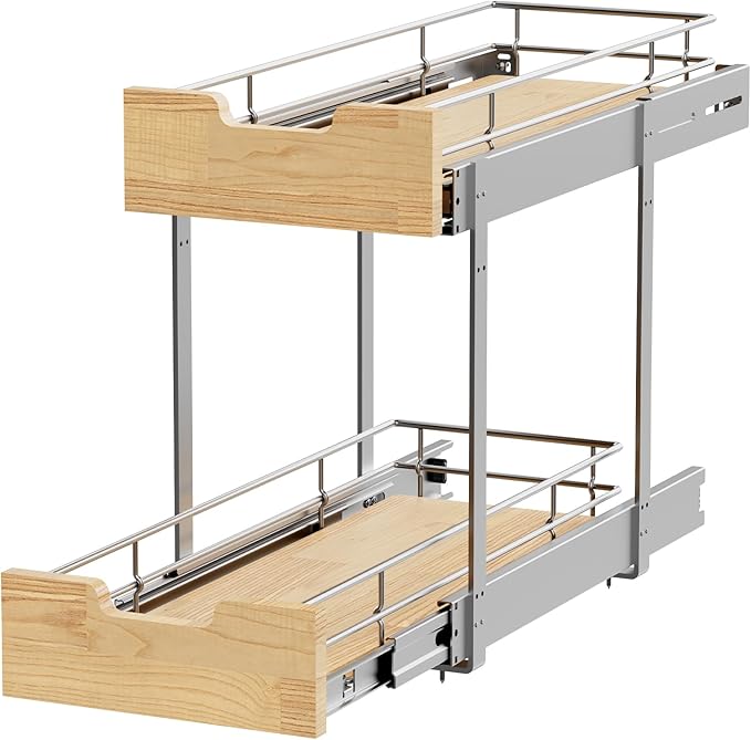 Sikarou Pull Out Cabinet Organizer,Heavy-Duty Slide Out Shelf, Wood and Wire Basket, Pull Out Drawer for for Kitchen Under Sink Space, Pantry, Bathroom, 2 Tie 9 * 21 in