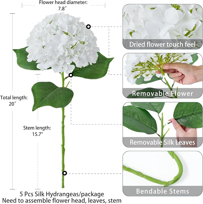 ZYTUYO 5 Pcs Pure White Silk Hydrangeas Artificial Flower Boho Dried Touch 20'' Faux Hydrangeas for Indoor Home Decor Kitchen Living Room Outdoor Porch Wedding Flower Arrangement