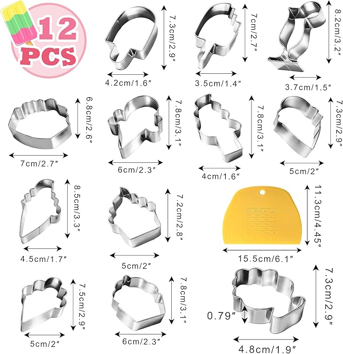 Ice Cream Cookie Cutter Set, 12 PCS Stainless Steel Summer Cookie Cutters for Baking Fondant, DIY Crafts, Summer Celebrations (with Gift Box)