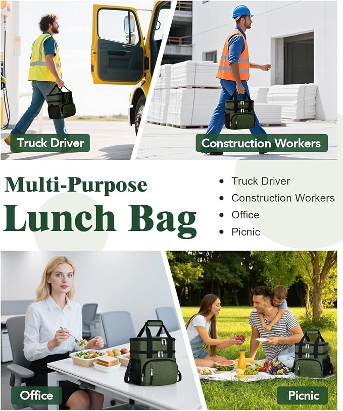 Insulated Lunch Bag for Men & Women, Double Leakproof Lunch Box Soft Cooler Tote with 5 Pockets, 600D Oxford, EVA Lining, Adjustable Strap for Work, Picnic, Beach&Travel-Army Green