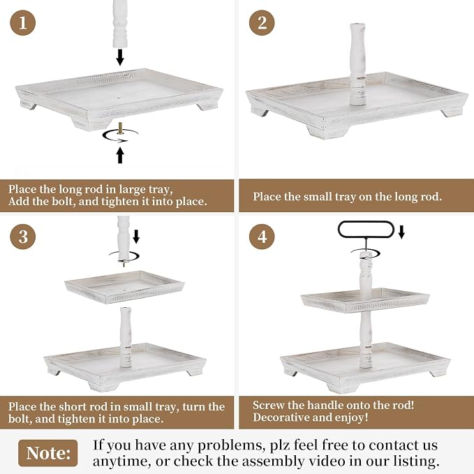 Hanobe 2 Tiered Decorative Tray Stand for Coffee Table Decor | Farmhouse Large White Wood Display Stands for Kitchen Counter Decorations