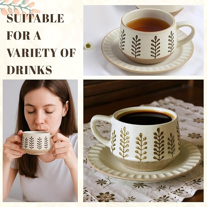 LemonRoad Vintage Tea Cup and Saucer Set, 10oz Porcelain Coffee Mugs with Saucer for Latte Mocha Cappuccino Ceramic Teacups for Housewarming Wedding Gifts Kitchen Table Decor