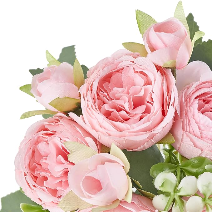 Mkono Peonies Artificial Flowers, Small Silk Flowers for Home Decor Indoor Fake Bouquet Faux Floral Arrangements Dining Table Centerpieces for Kitchen Party Decor Pink