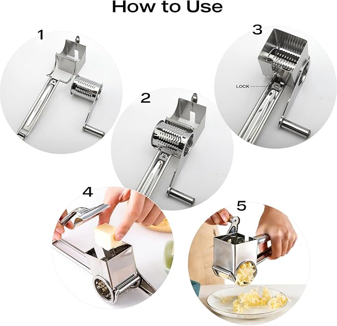 Stainless Steel Rotary Cheese Grater - Handheld Manual Food Shredder with Hand Crank for Hard Cheese, Chocolate and Vegetables, Dishwasher Safe