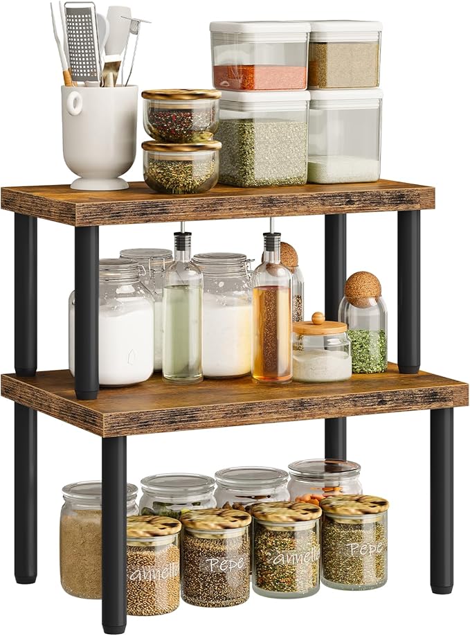 HOOBRO Cabinet Organizer Shelf, kitchen countertop organizer, Kitchen Storage, Spice Rack for cabinet, Stackable, Expandable, for Countertop,kitchen,cabinet, Rustic Brown BF15TL01
