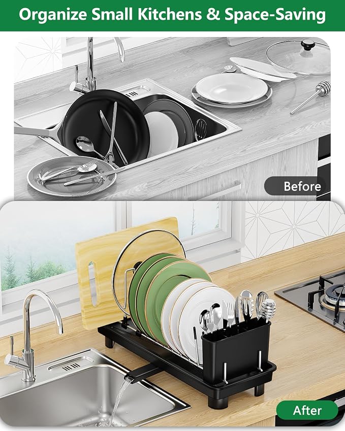 Small Dish Drying Rack, Compact Dish Rack for Kitchen Counter, Space Saving Plate Rack, Dish Strainer with Cutlery Holder, Black