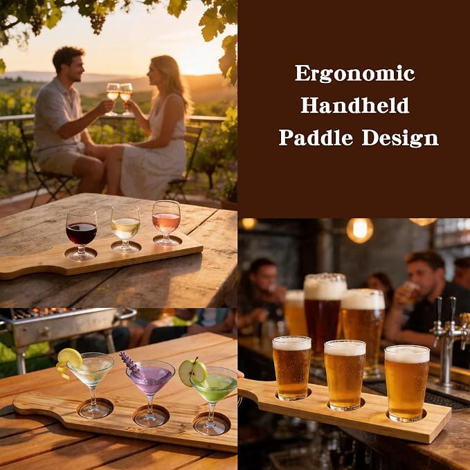 Flight Board, Bamboo Drink Flight Boards (6 Pack), 3-Hole Handheld Paddle Serving Tray for Beer, Wine, Whiskey Tasting, 15.35 × 3.15 Inch Individual Display Stand