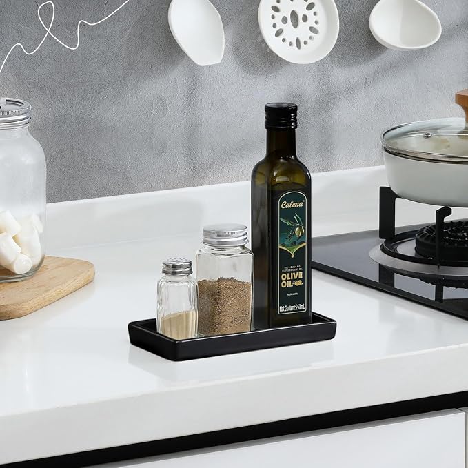Luxspire Bathroom Vanity Tray, Mini Soap Dispenser, Small Ceramic Perfume and Jewelry Dish, Trinket Holder, Rectangle Candle Tray, Bath Organizer Kitchen Sink Narrow Soap Dish, Black