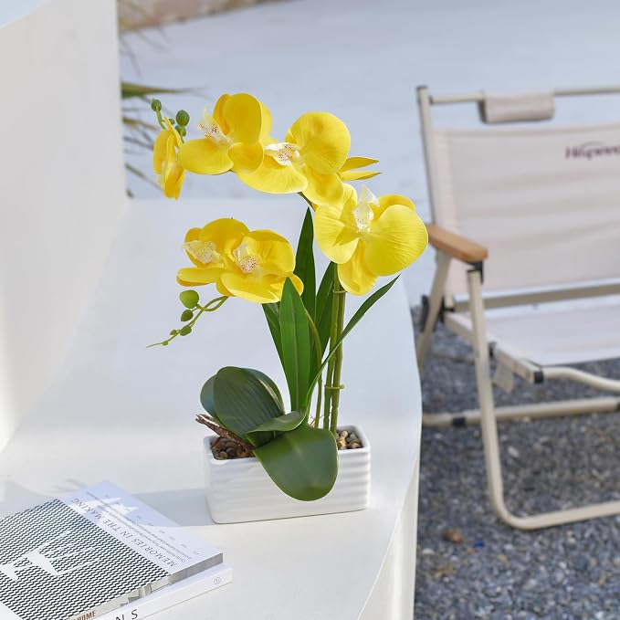 Artificial Real Touch Orchid Flowers in Pot Fake Phalaenopsis Flower with White Ceramic Vase Faux Orchids Arrangement for Home Table Office Wedding Party Decoration (Yellow)
