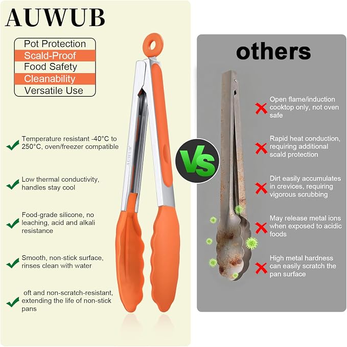 7 Inch Small Silicone Salad Cooking Tongs, Food Serving Tongs with Heat Resistant Non-Slip Grip, Orange Color Kitchen Utensils for Salad Charcuterie Board
