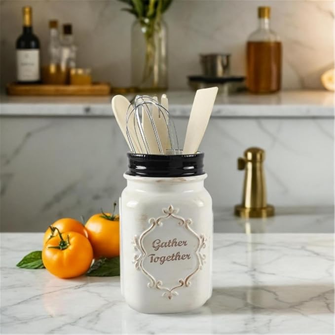 Young's Inc Farmhouse Ceramic Kitchen Tool Holder with Wooden Utensils, Decorative Gather Together Mason Jar Organizer for Kitchen Tools,10.5"