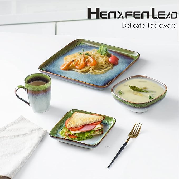 HENXFEN LEAD Coffee Mugs 10 Oz, Ceramic Cups with Large Handle for Coffee, Soup, Tea, Milk, Latte and Hot Cocoa, Mug Gift Set Microwave Oven Safe - Set of 4, Green