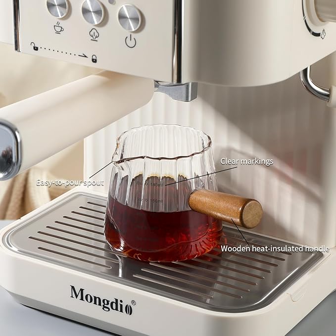 Mongdio 6OZ Espresso Shot Cup, Espresso Measuring Cup with Wooden Handle, Glass Measuring Cup with Dual Scale Markings, Coffee Essentials for Coffee, Milk