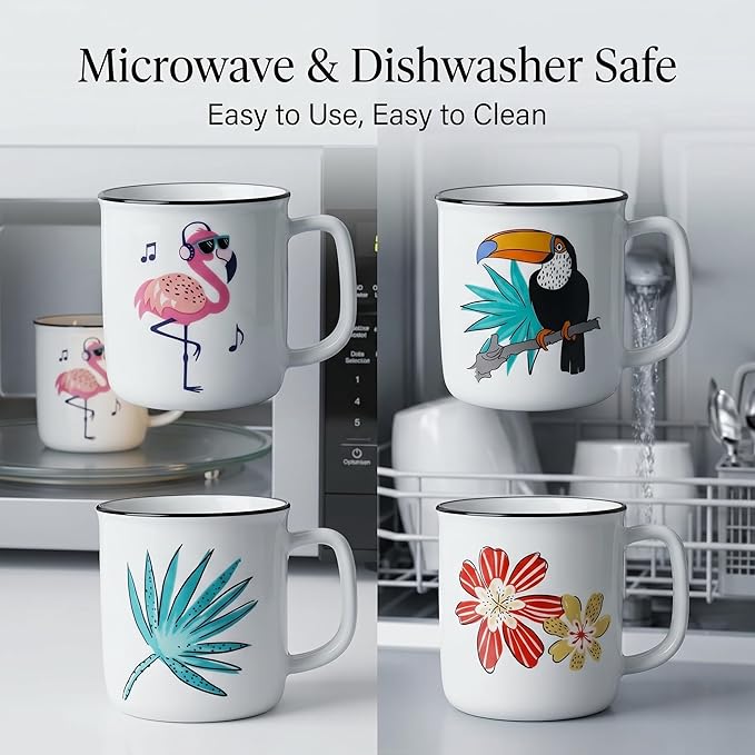 Topadorn 4 Pack 4oz Ceramic Espresso Cups Set, Small Coffee Mugs with Handle, Fun Tropical Print Demitasse Cups, Lead-Free Dishwasher Safe for Home & Office