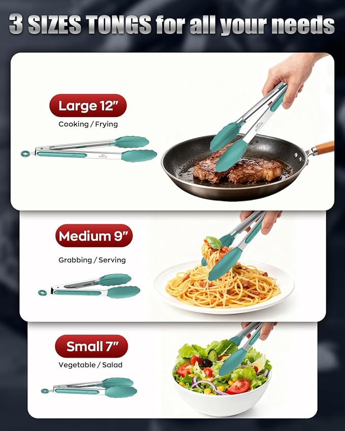 600ºF Heat Resistant Kitchen Tongs, Premium Locking Cooking Tongs with Silicone Tips, Non-Slip Food Tongs for Cooking, Non-Stick, Heavy Duty Stainless Steel Handle, Set of 3-7" 9" and 12" Aqua Sky