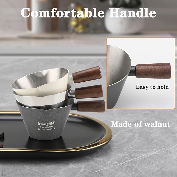 Mongdio Espresso Measuring Cup, Stainless Steel Espresso Shot Cups with Wooden Handle and Double Spouts, 3.4OZ/100ML, Silver