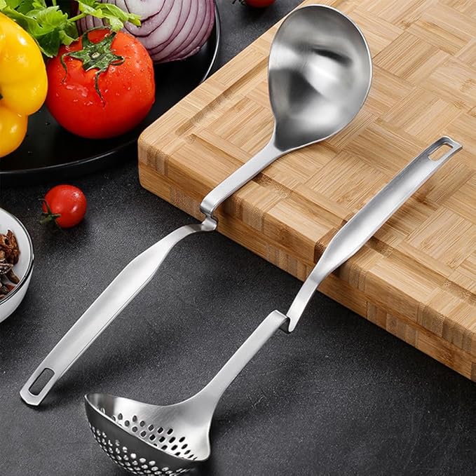304 Stainless Steel Soup Ladle Hot Pot Ladle Strainer Scoops Set for Cooking, Serving, Soups, Sauces, Stews and More, Silver, 12-Inch (2 Pieces)