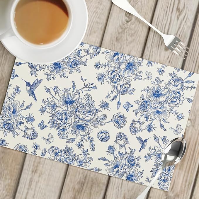 Snycler Table Runner Blue Monochrome Sketch Flower Birds Butterfly Table Cover Retro Floral Kitchen Dining Table Decoration for Indoor Outdoor Home Party Restaurant Supplies (12x18 Inch,Set of 4)
