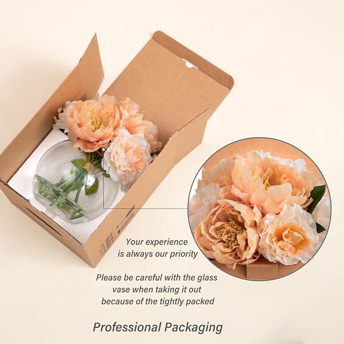 Artificial Flowers in Vase, Silk Peonies Flower Bouquet with Faux Water, Apricot & Champagne Fake Flower Arrangement for Spring Home Decor Wedding Party Dining Table Centerpiece & Mom's Birthday Gift