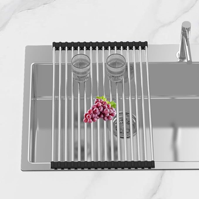 Extra Large Expandable Roll Up Dish Drying Rack,Over The Sink Drying Rack Sink Cover Kitchen Sink Accessories Kitchen Rolling up Stainless Steel Drainer, Foldable,Rollable(Black,22.8''-12.4'')