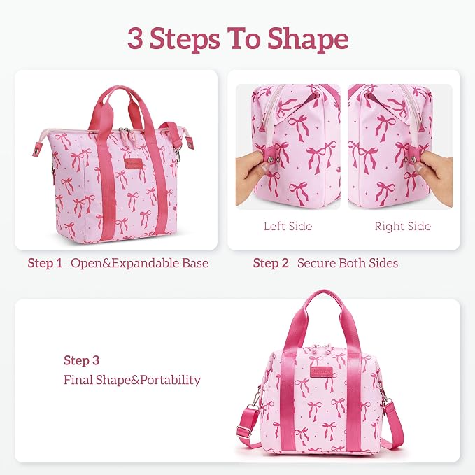 Lunch Bag Women Insulated Lunch Box,Cute Large Lunch bags,Reusable Leakproof Cooler Bag with Adjustable Shoulder Strap, Aesthetic Lunch Tote for Work Office Picnic Pink bow
