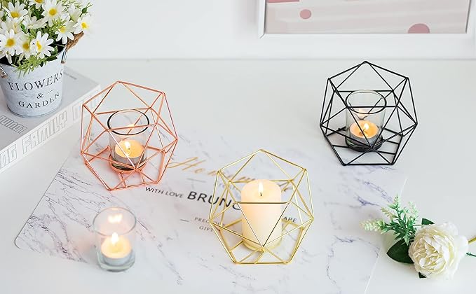Geometric Tealight Candle Holders Gold - Votive Candle Stand Accents for Tea Light Decorative for Home Table Shelf Mantel Modern Geo Decoration Christmas Wedding Reception Décor, Gold, 6pcs