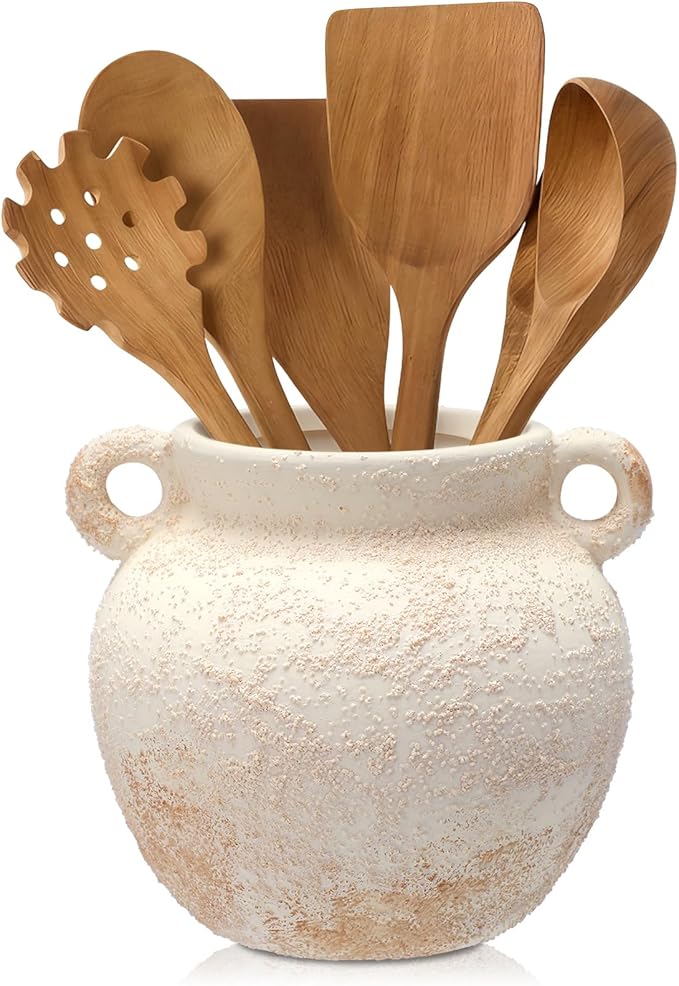 Qinyoung Rustic Kitchen Utensil Holder 6 Inch Small Ceramic Utensil Holder with Handle Vintage Crock Decoration Spatula Organizer for Kitchen Countertop Farmhouse Party Supplies (White,Elegant)