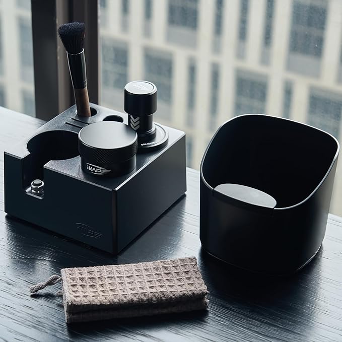 IKAPE Espresso Impact Tamper & Gravity Distributor Set 53.3mm – Complete Barista Kit with Knock Box, Cleaning Brush & Towel – Professional Coffee Accessories for Home Espresso